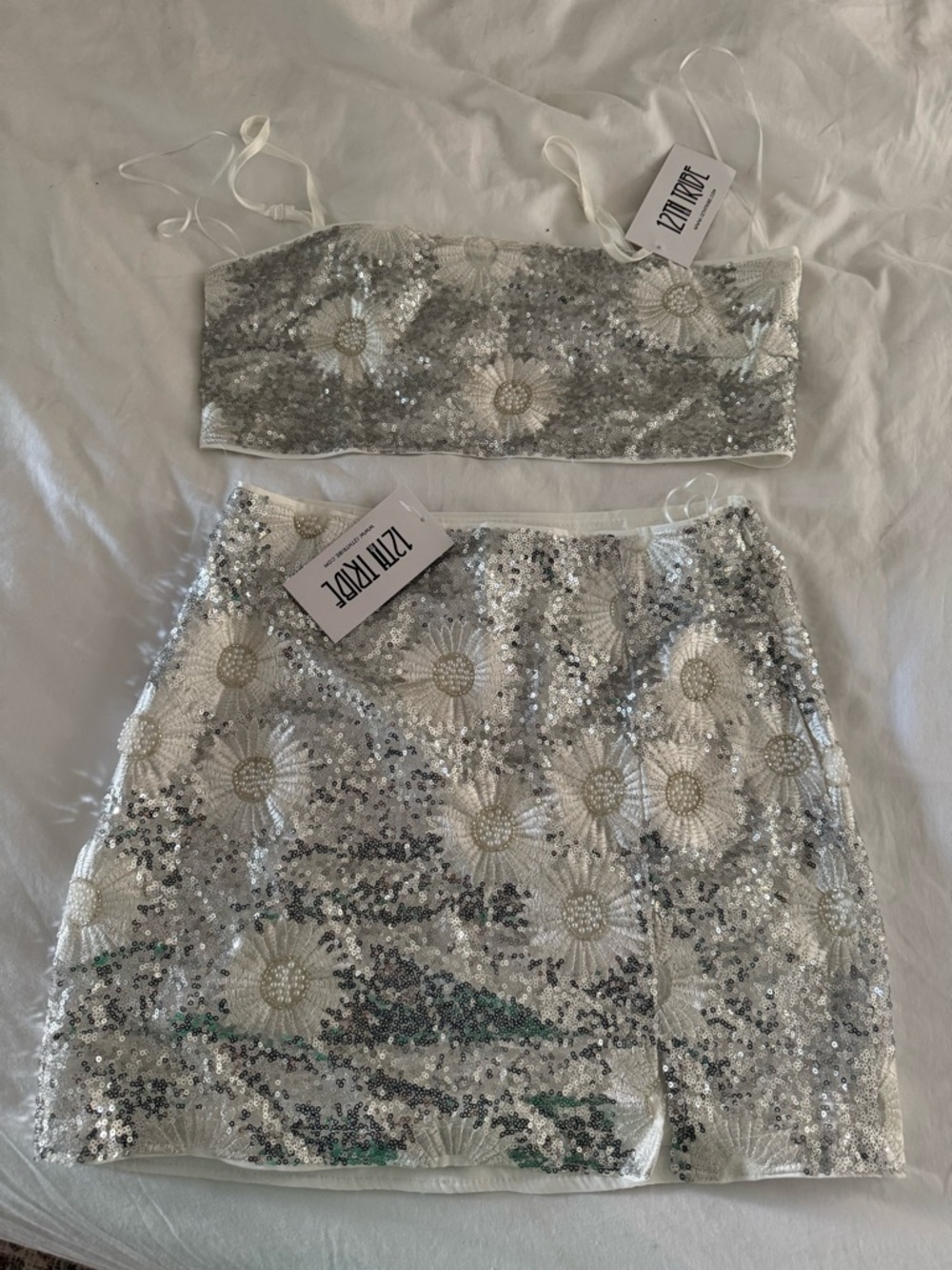 12th Tribe White Sequin Daisy Mini Skirt & Top Set - Picture 2 of 4